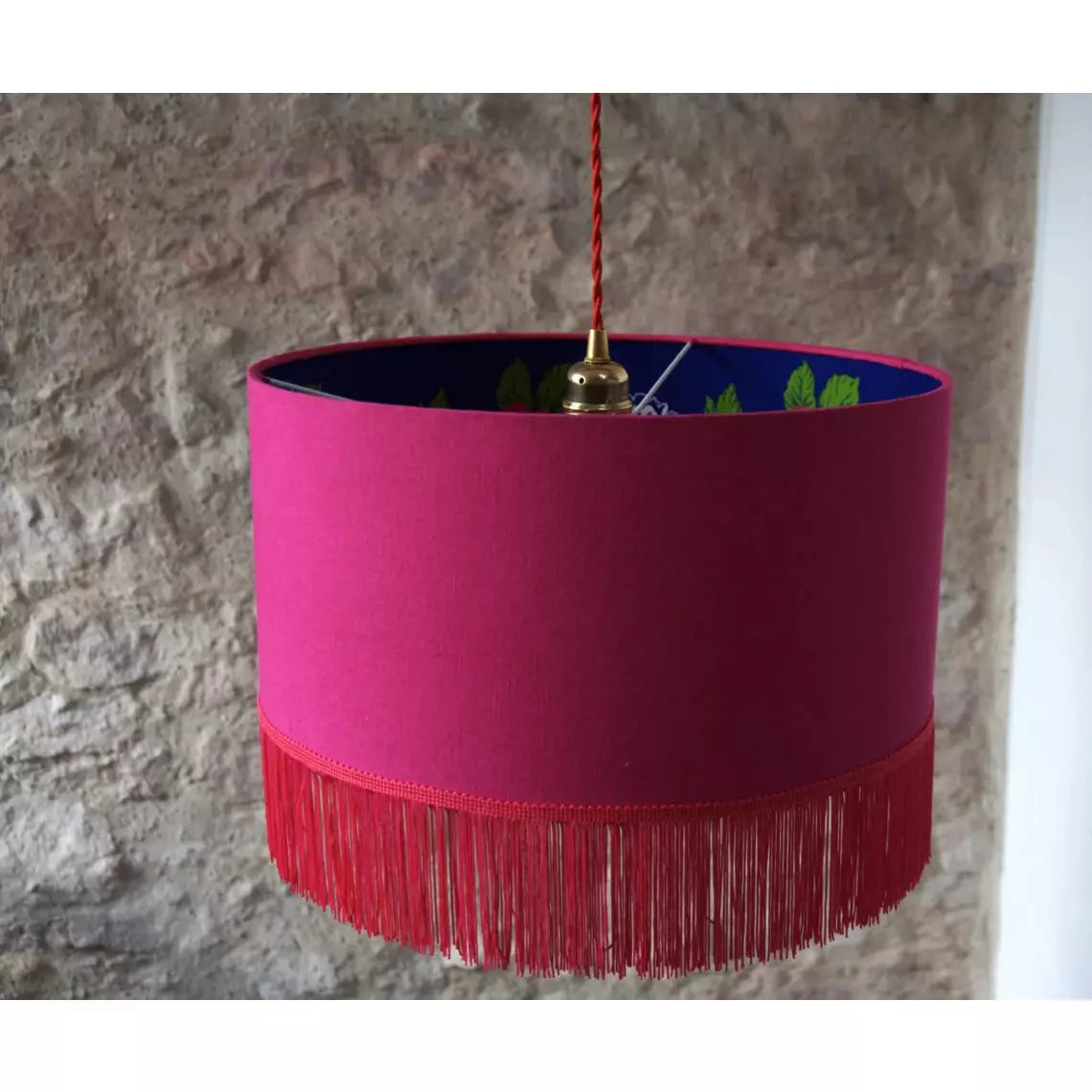 Suspension abat-jour "Boho style" double face : lin fushia et tissu fleuri.