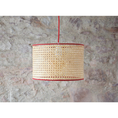 Drum lampshade to stand or hang in rattan cane.