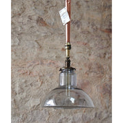 Old copper fire lamp suspension, glass lampshade. Unique piece