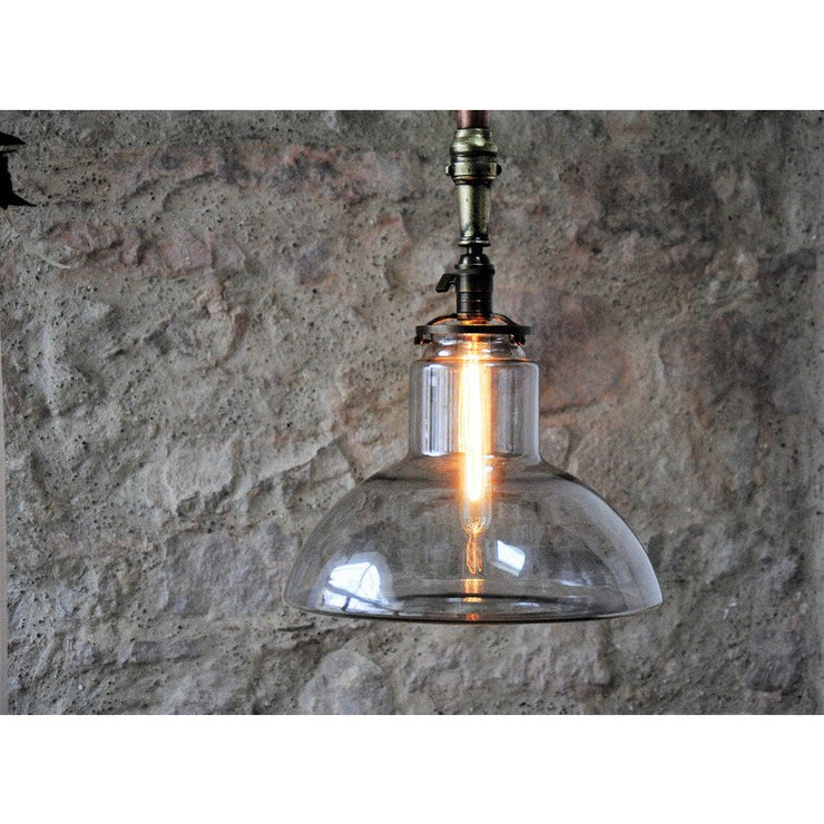 Old copper fire lamp suspension, glass lampshade. Unique piece