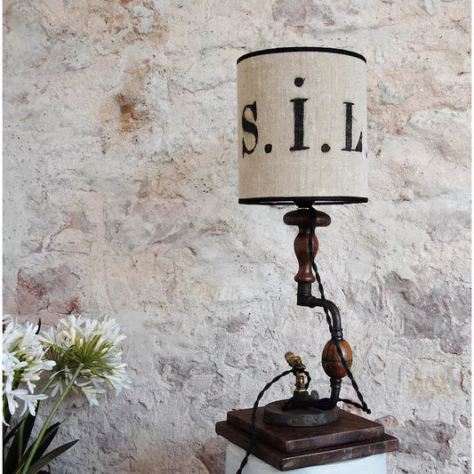 Lampe à Poser Industrielle Chignole, Old Hand Drill Industrial Lamp, Ancienne Chignole Recyclée, Lampe de Table Rustique en Bois et Métal