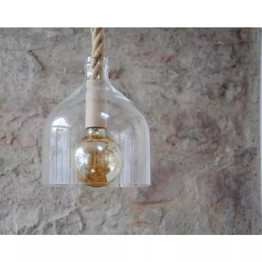 Suspension contemporaine type nautique globe en verre, corde en jute .