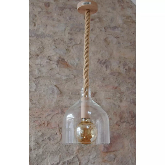 Suspension contemporaine type nautique globe en verre, corde en jute .
