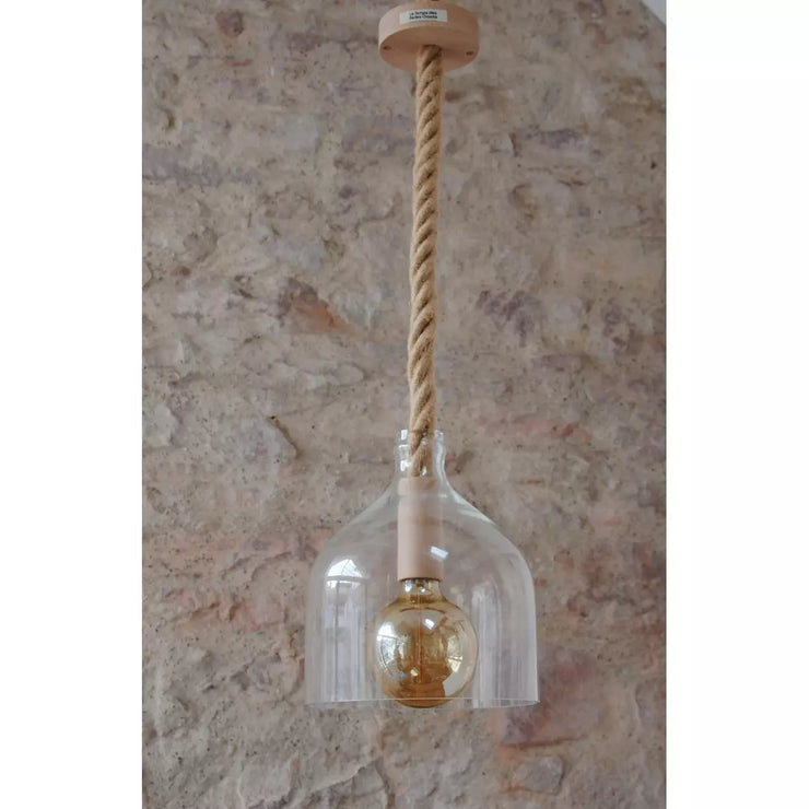 Contemporary nautical type glass globe suspension, jute rope.