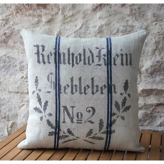 Coussin lin à chevrons et liteau bleu estampillé et monogrammé sac à grains ancien. Pièce unique.