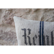 Herringbone linen cushion and blue batten stamped and monogrammed old grain bag. Unique piece.