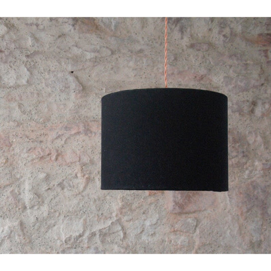 Suspension abat-jour double face: jean coton noir et papier peint intissé design.