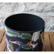 Double-sided lampshade for children in jet black cotton and tropical exotic bird velvet.