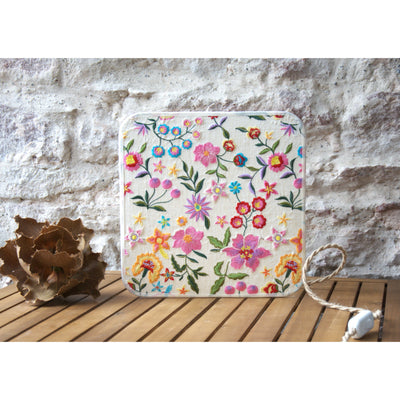 Table lamp with double-sided square lampshade in silk and polyester floral fabric
